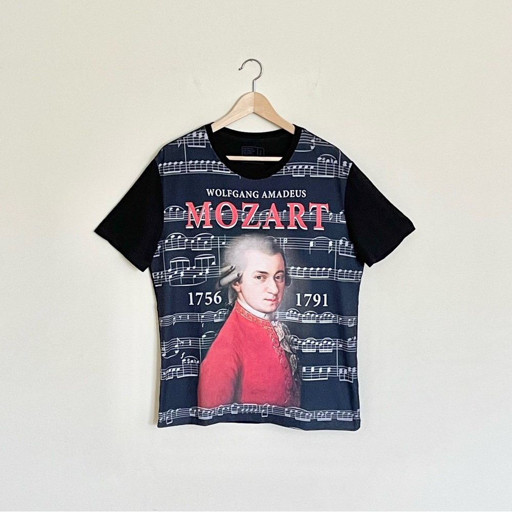 Wolfgang Amadeus Mozart Classical Music All Over Black T Shirt Adult Large